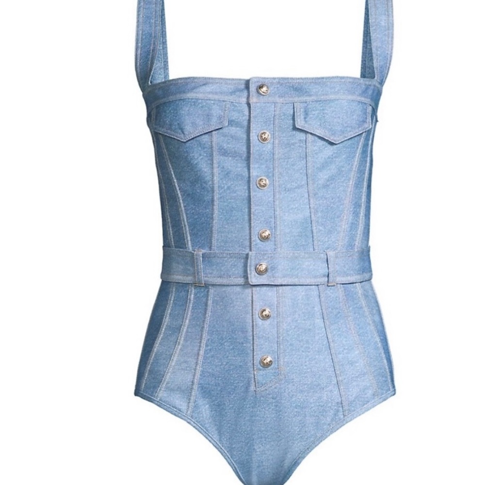Balmain Blue Denim-Print Bandeau One-Piece Swimsuit - Picture 2 of 16